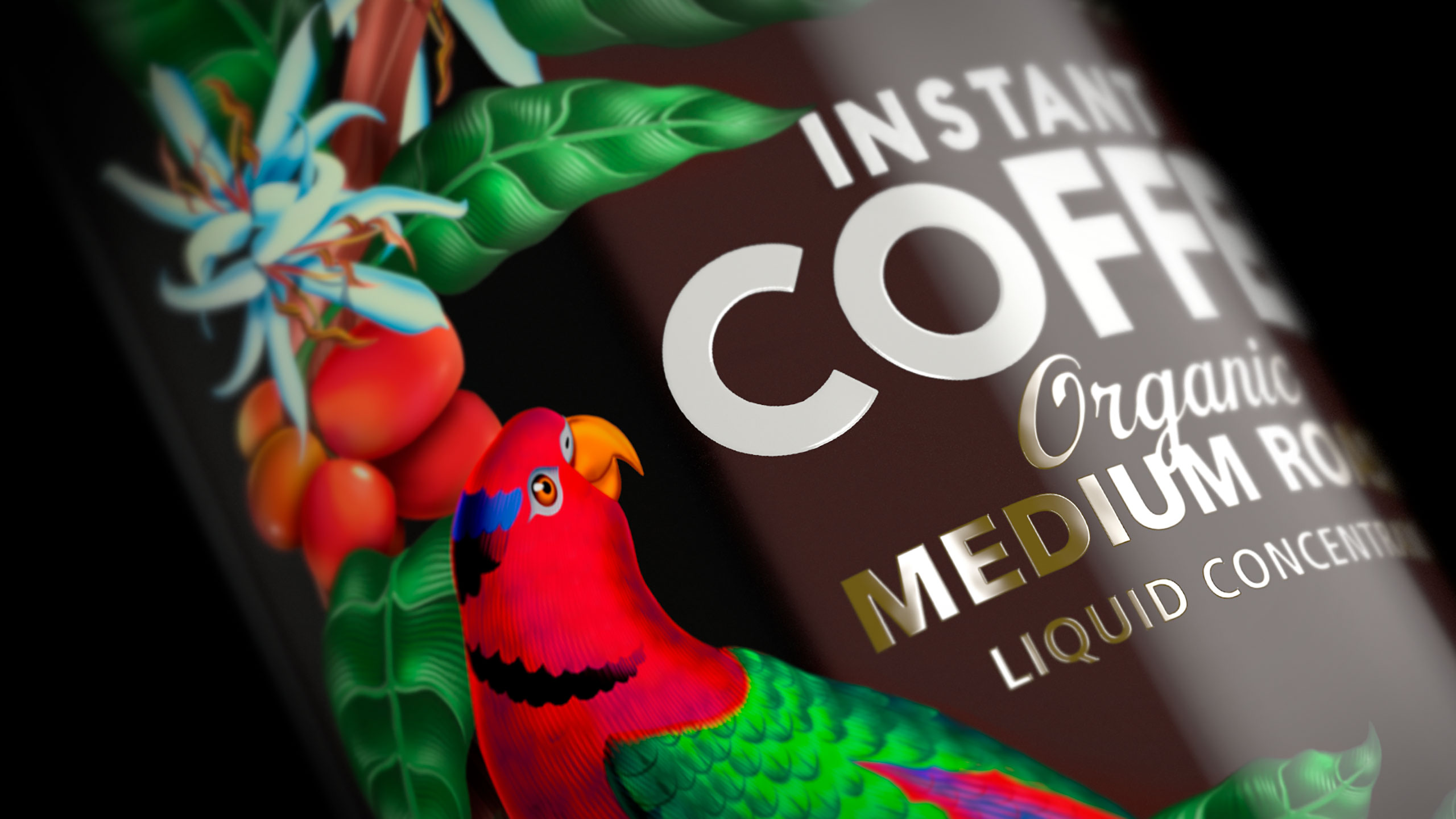 Close up of Mosin Fresh instant coffee bottle with parrot illustration